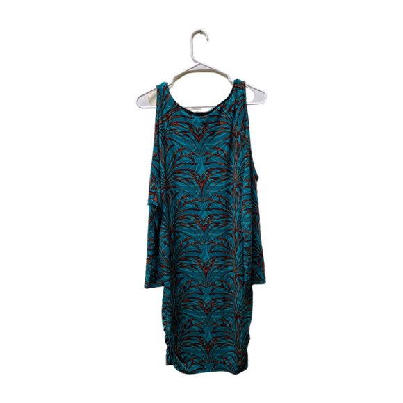 Moda International Cold Shoulder Teal and Brown Dress, Large, Pre-Owned - Picture 5 of 7